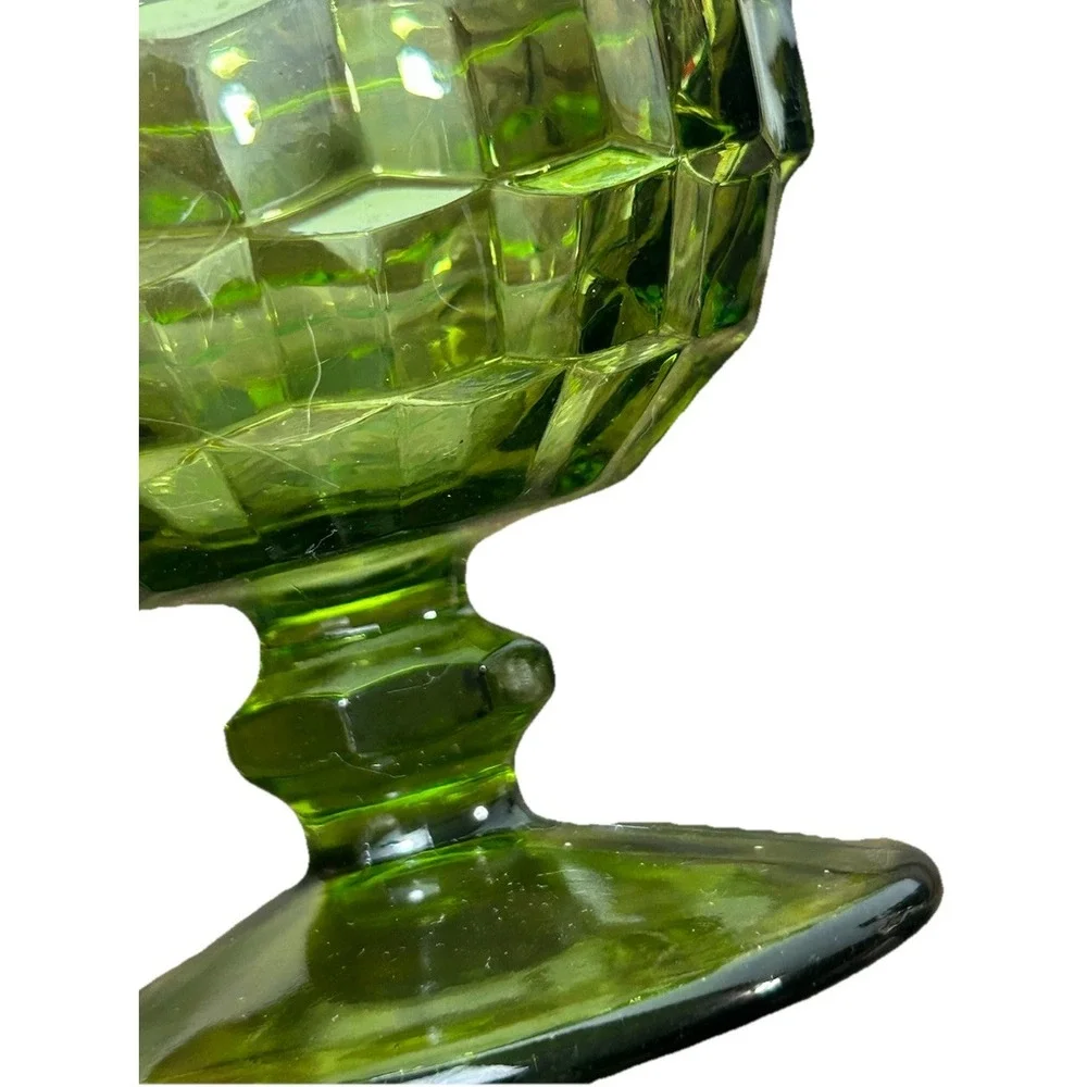 Green Glass Dessert Goblets Footed Cubist Bowls Mid Century VTG Indiana Glass